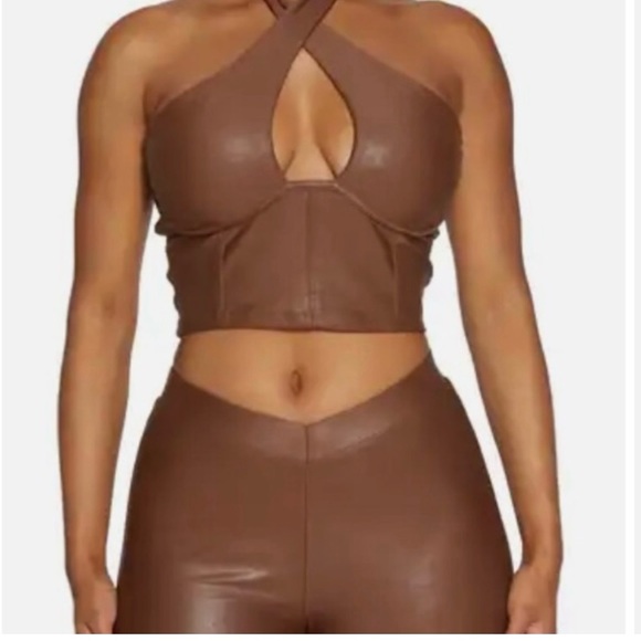 naked wardrobe Tops - Naked Wardrobe Brown Faux Leather Halter Top Size L Large